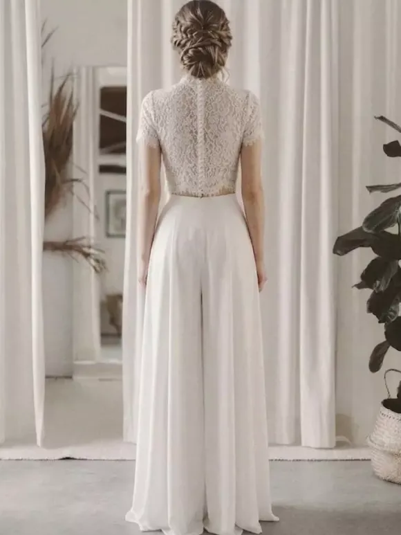 2 pièces tailleur-pantalon robe de mariée civil en mousseline col bijou longueur au sol fermeture éclair manches courtes