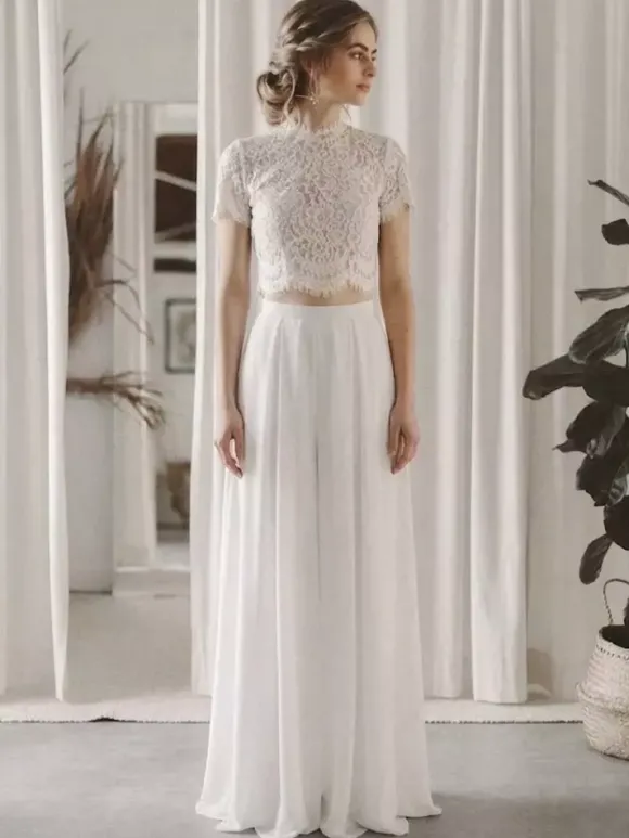 2 pièces tailleur-pantalon robe de mariée civil en mousseline col bijou longueur au sol fermeture éclair manches courtes