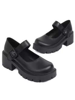 Academic Lolita Footwear Escarpins Lolita à talons épais en cuir PU bordeaux