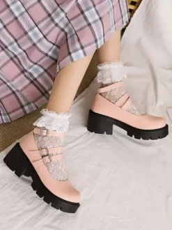 Académique Lolita Chaussures Escarpins Lolita en cuir PU à bout rond noir
