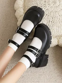 Académique Lolita Chaussures Escarpins Lolita en cuir PU à bout rond noir