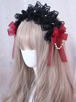 Accessoire de cheveux gothique Lolita Ruffle Bow Pearl Lace Black Déguisements Halloween