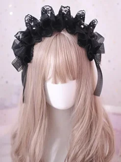 Accessoire de cheveux gothique Lolita Ruffle Bow Pearl Lace Black Déguisements Halloween