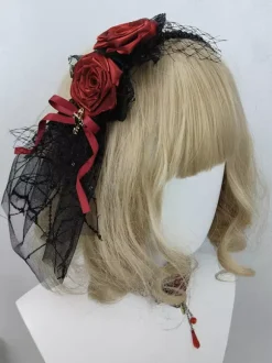 Accessoires gothiques Lolita Volants bordeaux Roses Bloc de couleurs Coiffes Divers