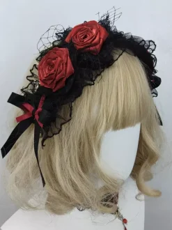 Accessoires gothiques Lolita Volants bordeaux Roses Bloc de couleurs Coiffes Divers