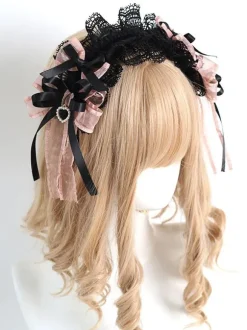 Accessoires gothiques Lolita Volants noirs Dentelle N艙uds Couvre-chef en polyester Divers