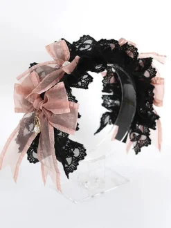 Accessoires gothiques Lolita Volants noirs Dentelle N艙uds Couvre-chef en polyester Divers