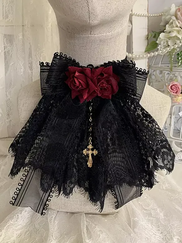 Accessoires Gothiques Lolita Bordeaux Chaînes Fleurs Dentelle Accessoire Divers