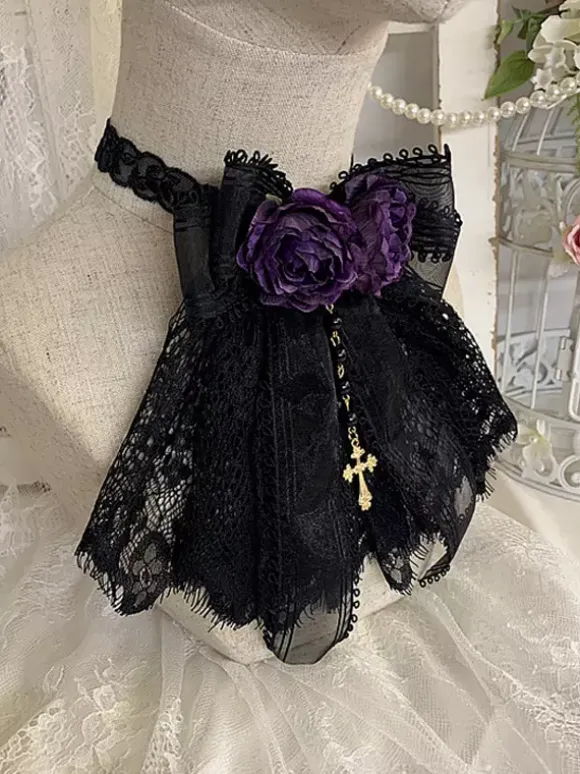 Accessoires Gothiques Lolita Bordeaux Chaînes Fleurs Dentelle Accessoire Divers