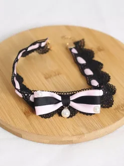 Accessoires gothiques Lolita ras du cou en dentelle à volants noirs et perles colorées