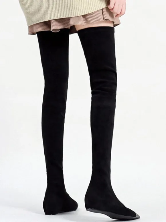 Au-dessus du genou Bottes en daim noir bout pointu plat Cuissardes pour les femmes