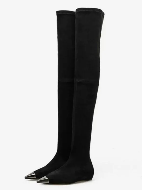 Au-dessus du genou Bottes en daim noir bout pointu plat Cuissardes pour les femmes