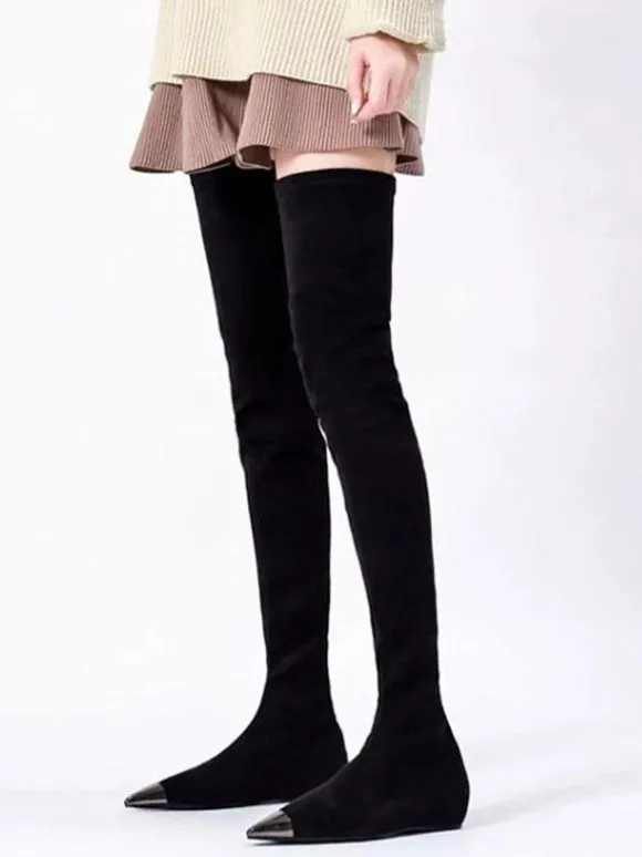 Au-dessus du genou Bottes en daim noir bout pointu plat Cuissardes pour les femmes