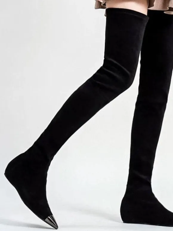 Au-dessus du genou Bottes en daim noir bout pointu plat Cuissardes pour les femmes