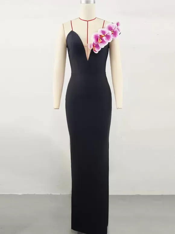 Avec robe de cocktail robe de bal moderne longueur au sol col en V fleurs polyester