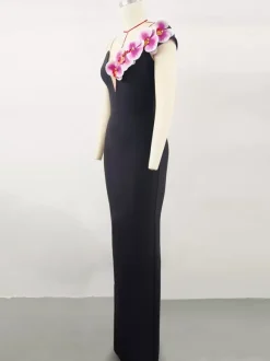 Avec robe de cocktail robe de bal moderne longueur au sol col en V fleurs polyester