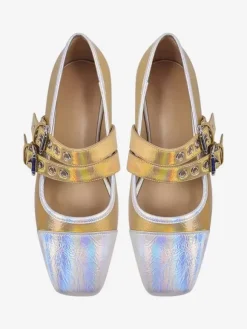 Ballerines en cuir PU à bout carré multicolore avec boucle pour femmes