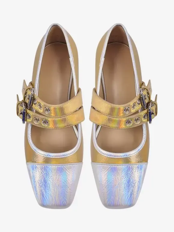 Ballerines en cuir PU à bout carré multicolore avec boucle pour femmes