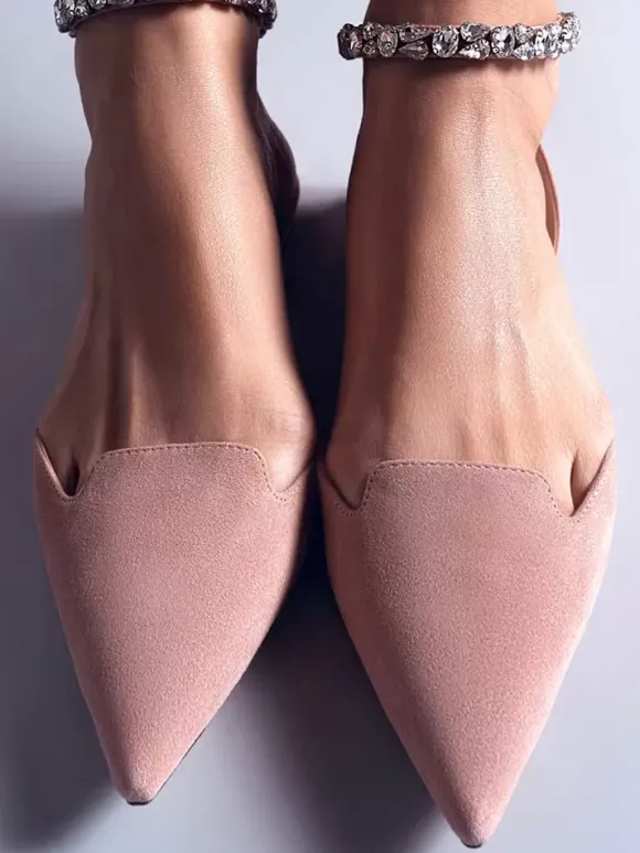 Ballerines En Satin Femmes Escarpins Plats À Bout Pointu Avec Bride Strass