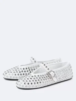 Ballerines Femme Noires Strass Clou Bout Rond Mary Jane Chaussures Plates À Boucle