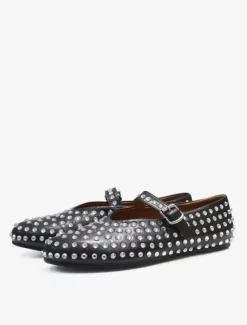 Ballerines Femme Noires Strass Clou Bout Rond Mary Jane Chaussures Plates À Boucle