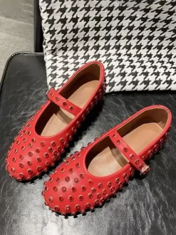 Ballerines Femme Noires Strass Clou Bout Rond Mary Jane Chaussures Plates À Boucle