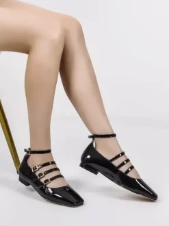 Ballerines noires femmes bout carré boucle détail chaussures plates pour les femmes