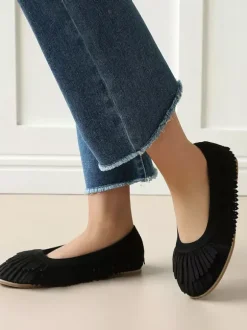 Ballerines en daim marron à bout rond chaussures plates à enfiler avec pompons