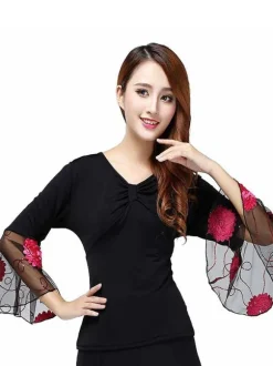 Ballroom Dance Costume Top Femmes Long Sleeve V Neck T Shirt Top Déguisements Halloween
