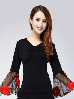 Ballroom Dance Costume Top Femmes Long Sleeve V Neck T Shirt Top Déguisements Halloween