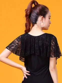 Ballroom Dance Costume Dentelle Poncho Top Noir Femmes V Cou Formation Danse Vêtements Déguisements Halloween