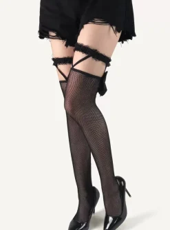 Bas Autofixants Collants Femme Creusant Elastique Unicolore avec Noeud Lingerie Sexy