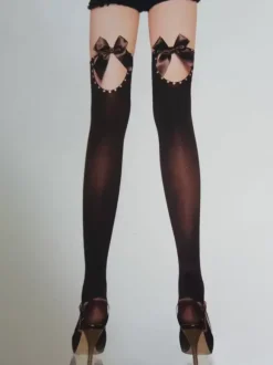 Bas Collants Bas autofixants Femmes Imprimés Décors avec Noeud Transparentes Longs Creusants Unicolore Noir