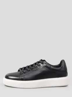Baskets noires pour hommes en cuir véritable bout rond à lacets chaussures décontractées