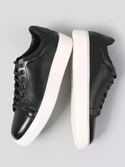 Baskets noires pour hommes en cuir véritable bout rond à lacets chaussures décontractées