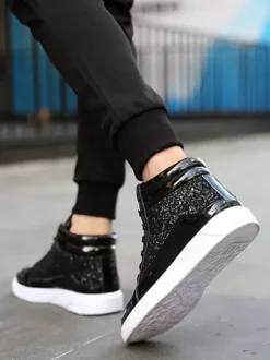 Baskets montantes dorées à paillettes bout rond style skate pour hommes