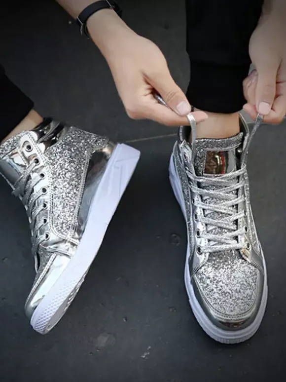 Baskets montantes dorées à paillettes bout rond style skate pour hommes