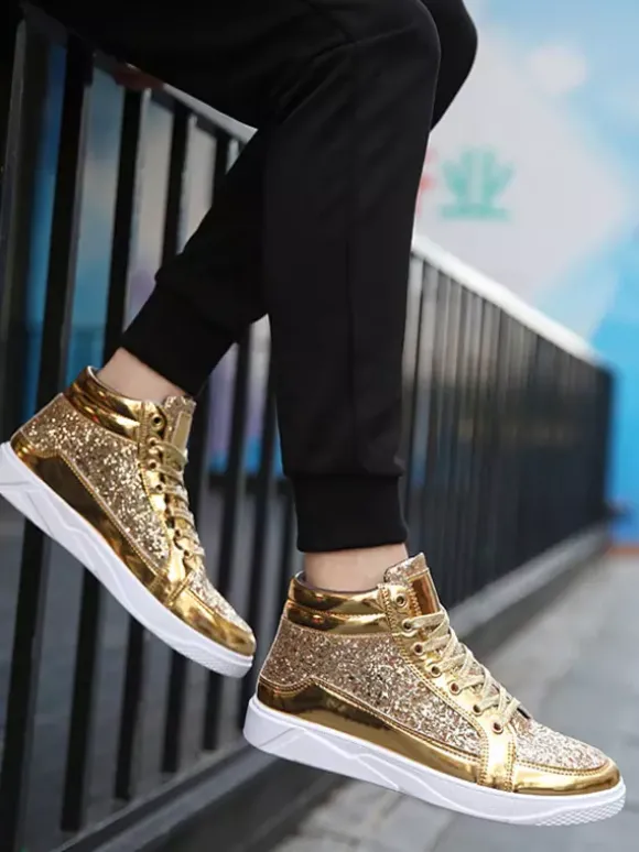 Baskets montantes dorées à paillettes bout rond style skate pour hommes