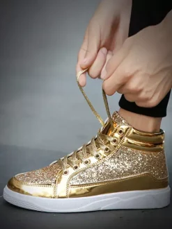 Baskets montantes dorées à paillettes bout rond style skate pour hommes