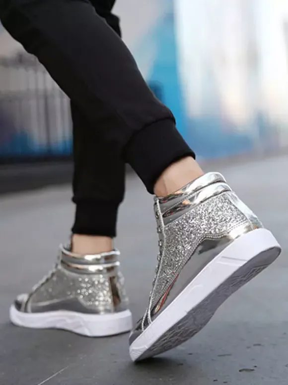 Baskets montantes dorées à paillettes bout rond style skate pour hommes