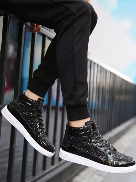 Baskets montantes dorées à paillettes bout rond style skate pour hommes