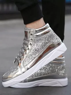 Baskets montantes dorées à paillettes bout rond style skate pour hommes