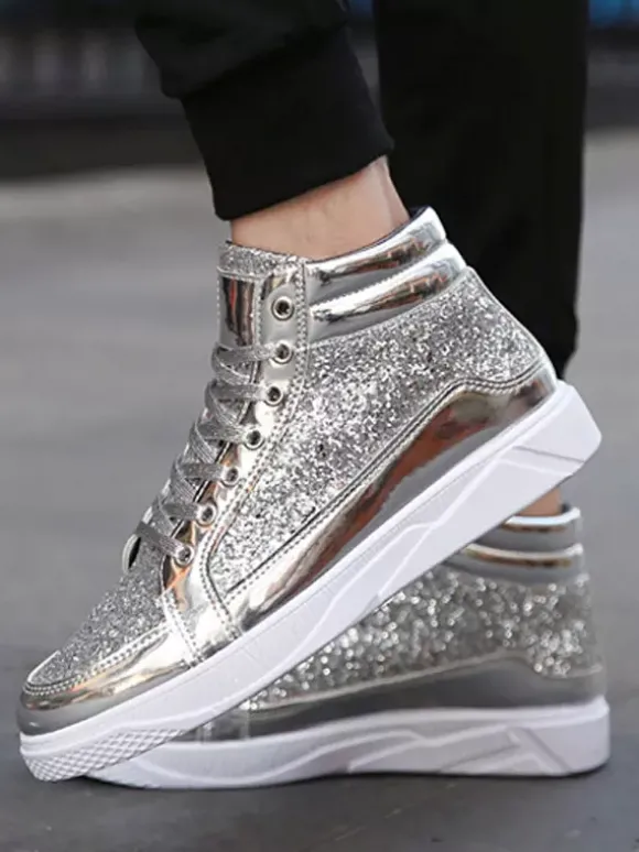 Baskets montantes dorées à paillettes bout rond style skate pour hommes