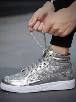 Baskets montantes dorées à paillettes bout rond style skate pour hommes