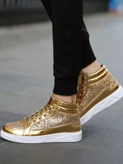 Baskets montantes dorées à paillettes bout rond style skate pour hommes