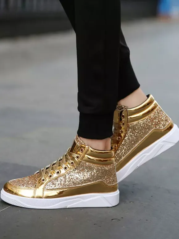 Baskets montantes dorées à paillettes bout rond style skate pour hommes