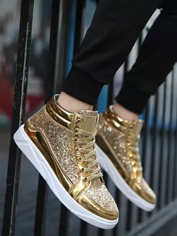 Baskets montantes dorées à paillettes bout rond style skate pour hommes