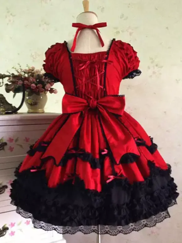 Belle robe à bretelles lolita en 100% coton color-block avec noeud Robe A Bretelles Sans Manches Déguisements Halloween