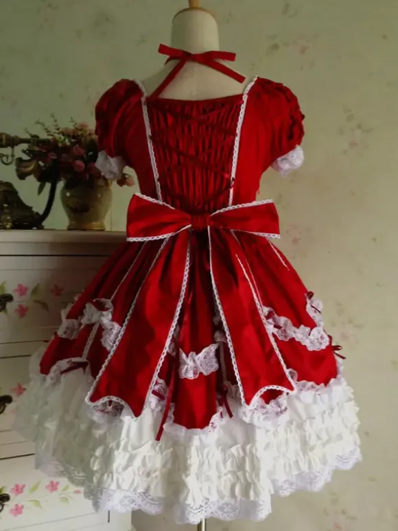Belle robe à bretelles lolita en 100% coton color-block avec noeud Robe A Bretelles Sans Manches Déguisements Halloween