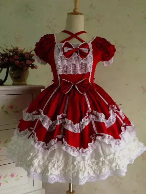 Belle robe à bretelles lolita en 100% coton color-block avec noeud Robe A Bretelles Sans Manches Déguisements Halloween